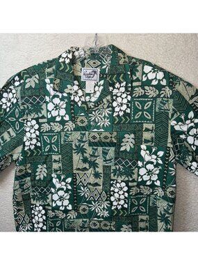 Vintage Paradise Style Hawaii Green Floral Hawaiian Shirt Short Sleeve Button-Up